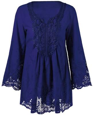 Dezzal Women's Plus Size Bohemian Flare Sleeve Lace Patchwork Tunic Blouse
