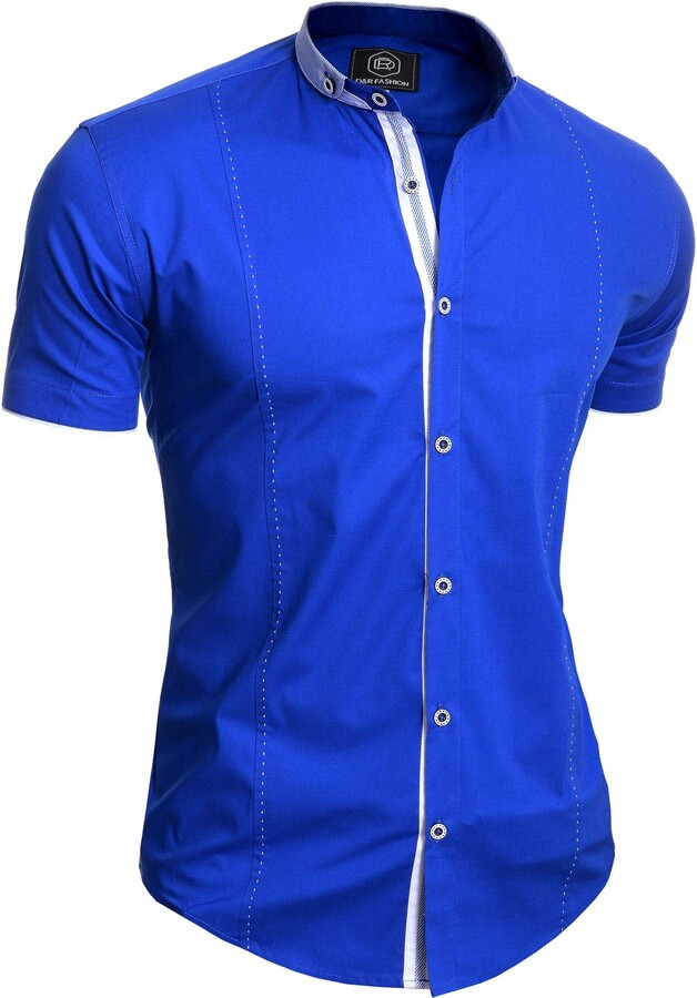DR Fashion Men's Elegant Short Sleeve Shirt Smart Grandad Collar Cotton  White Royal Blue ShopStyle