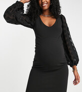 Thumbnail for your product : Queen Bee Maternity plunge front midi dress with organza sleeve in black