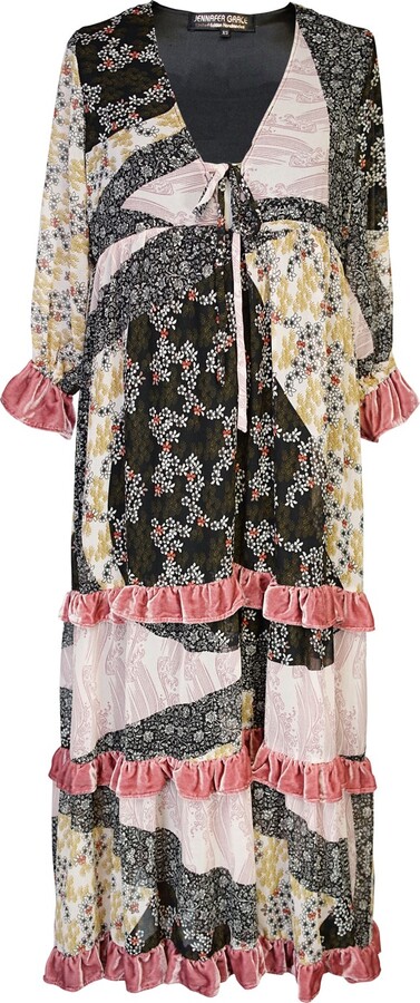 Jennafer Grace Black / Pink Hana Heather Velvet Ruffle Maxi Dress
