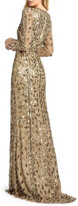 Mac Duggal Beaded V-Neck Long-Sleeve Gown with Slit