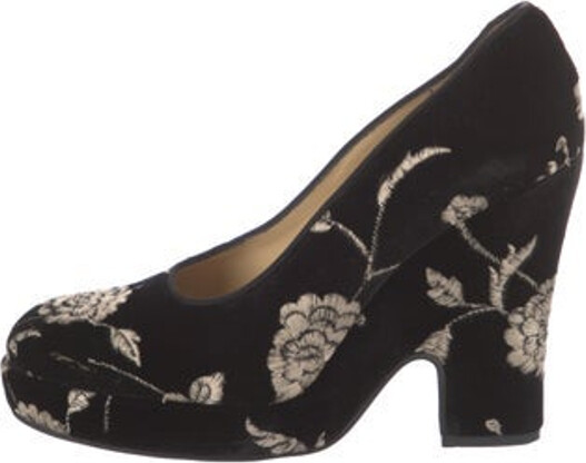 Dolce & Gabbana Velvet Pumps Black Floral Print Grosgrain & Embroidered Accents Round-Toes Platform