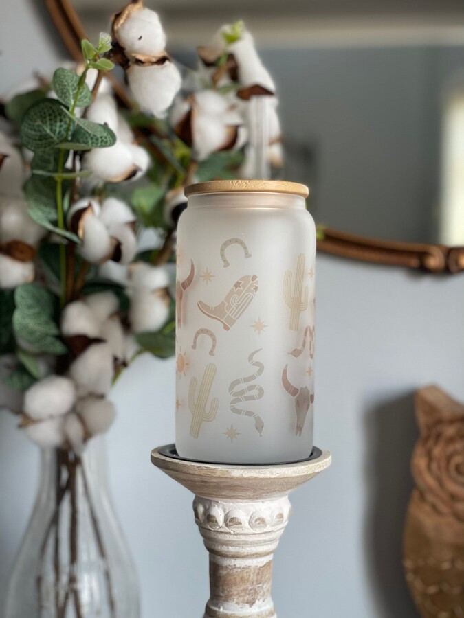 Etsy Western Bull Skull Coffee Can Glass With Lid | Iced Coffee, 18 Oz