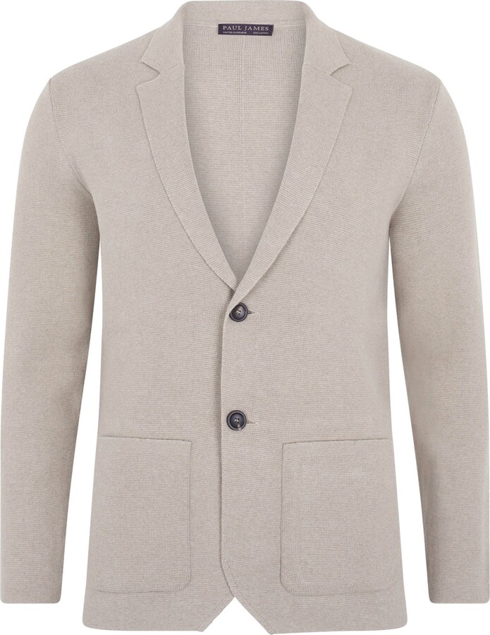 Paul James Knitwear Brown Mens Cotton Deconstructed Knitted Gabriel Blazer - Fawn