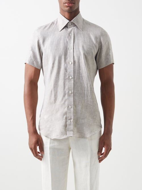Thom Sweeney - Lecce Linen Short-sleeved Shirt - Brown - ShopStyle