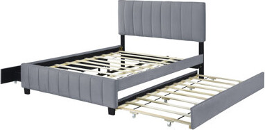 Mercer41 Queen Size Velvet Upholstered Platform Bed with 2 Storage Drawers & Twin XL Trundle