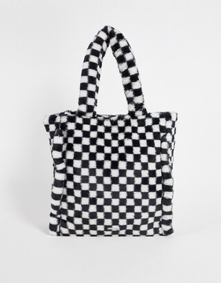 Skinnydip check fluffy tote bag in black and white