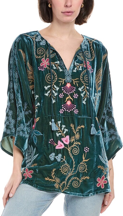 Johnny Was Velvet Kaftan Silk-Blend Blouse