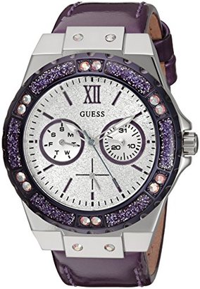 GUESS Women's U0775L6 Sporty Silver-Tone Stainless Steel Watch with Multi-function Dial and Purple Strap Buckle