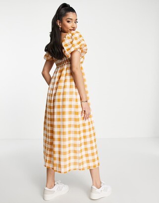 New Look short sleeve midi dress with square neckline in orange gingham -  ShopStyle
