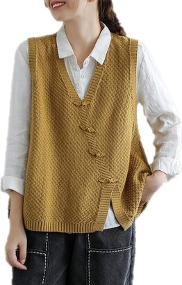 Button Solid Sleeveless Pullover V-Neck Split Side Gilets Vests Knitted Jumpers Plusl Knit Sweater Vest for Women