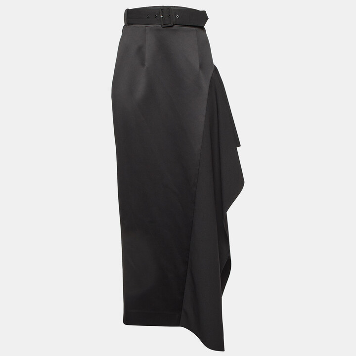 SOLACE London Black Crepe & Satin Kaya Draped Maxi Skirt M