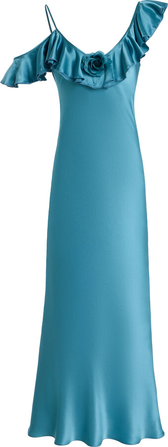 Rodarte Flower-Detailed Ruffled Silk Satin Midi Slip Dress