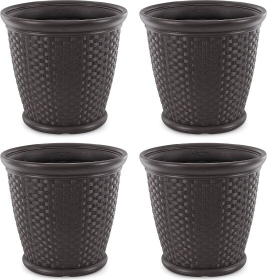 Suncast SuncastSonora22"PlasticWickerIndoororOutdoorDecorativeGardenFlowerPlanterforEntryways,Porch,andBackyardPatios,DarkBrown(4Pack)