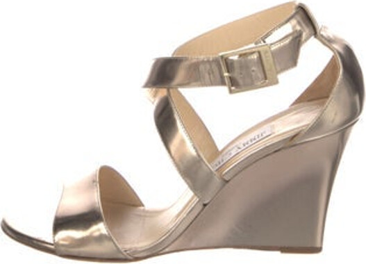 Jimmy Choo Patent Leather Sandals Gold & Metallic Crossover Straps & Buckle Closure at Ankles