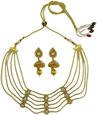 Matra Indian Ethnic Traditional tone Kundan Stone 2 Pcs Necklace Set Bridal Jewelry