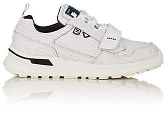 Prada Men's Rubber-Strap Cracked Leather Sneakers - White