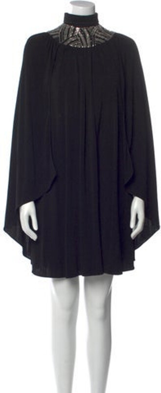 Saint Laurent Tent Dress Black Sequin, Crystal & Chain-Link Accents Long Sleeve with Mock Neck Hook & Eye Closure at Back