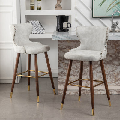 Rosdorf Park Mid-Century Modern Faux Leather Tufted Nailhead Trim Barstool Set Of 2