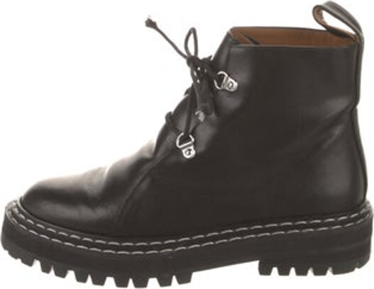 ATP ATELIER Leather Ankle Combat Boots Black Round-Toes Platform Lace-Up Closure at Uppers