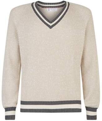 Brunello Cucinelli Stripe Trim V-Neck Sweater