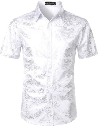 PARKLEES Men's Luxury Paisley Shiny Printed Slim Fit Short Sleeve Button Up Dress Shirt White Gold XXL