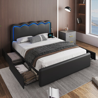 Wrought Studio Modern Metal Platform Bed with 4 Large Capacity Drawers, Adjustable Headboard, RGB LED Lights, Easy Assembly