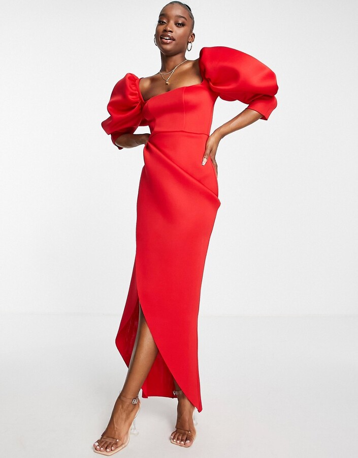 ASOS DESIGN puff sleeve wrap maxi dress in red - ShopStyle