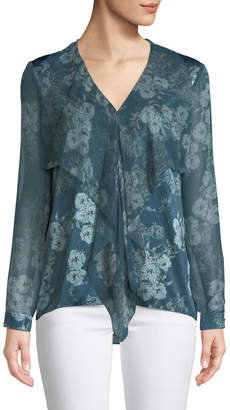 Elie Tahari Jurnee Tie-Neck Long-Sleeve Floral-Print Silk Blouse