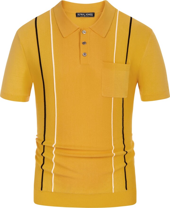 PJ PAUL JONES Mens Knit Polo Shirts Vintage Stripes Short Sleeve Button