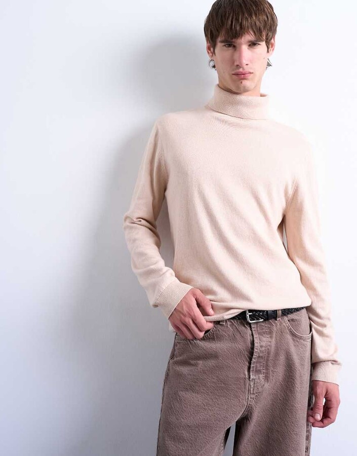 Topman essential turtleneck sweater with wool in stone