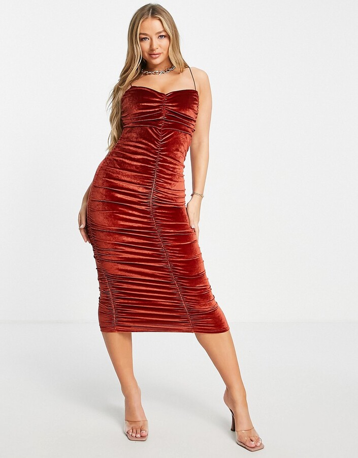 rust velvet midi dress