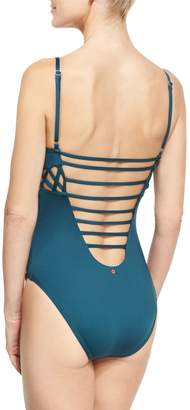 Red Carter Cross Side-Cutout One-Piece Maillot Swimsuit, Blue