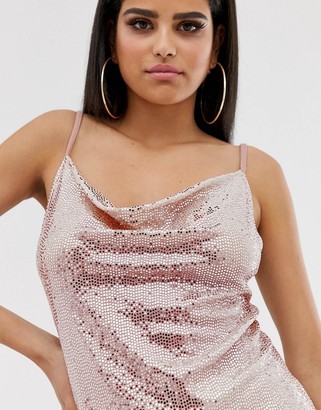 John Zack Tall cowl neck cami top in pink sequin