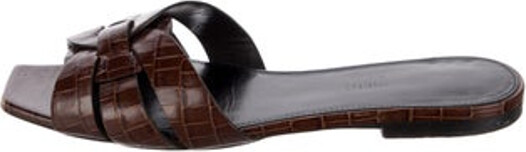 Saint Laurent Embossed Leather Slides Brown Crossover Straps