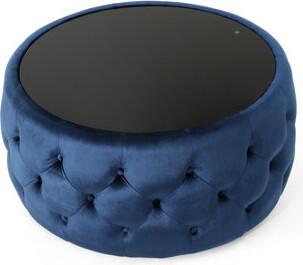 Modern Interior In Dark Blue Velvet, Button- With Tempered Glass Top, 30" X 14.5 Velvet And Glass, 30.26" W D 14.54" H