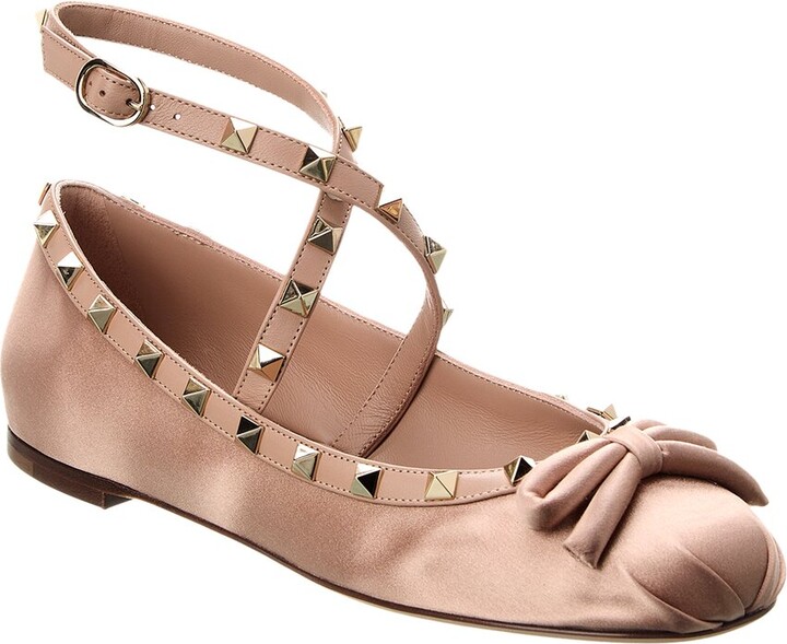 Valentino Rockstud Satin & Leather Ankle Strap Ballerina Flat