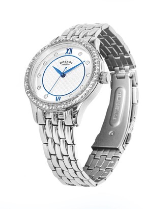 Rotary Exclusive Textured Silver And Blue Detail Swarovski Set Dial Stainless Steel Bracelet Ladies Watch