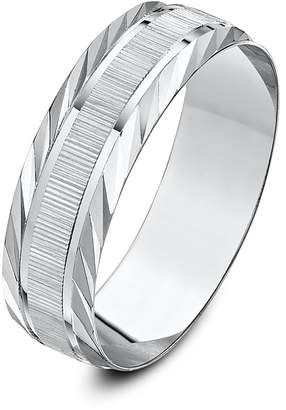 Theia 9ct White Gold Heavy Weight - Serrated Matt Centre and Diagonal Design Edge D-Shape 6mm Wedding Ring - Size X