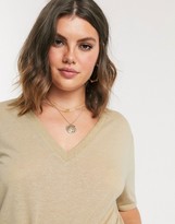 Thumbnail for your product : ASOS DESIGN Curve boxy t-shirt with v neck in linen mix in beige