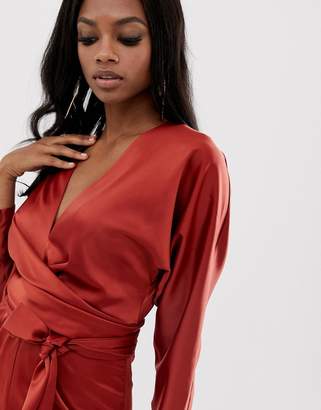 ASOS Design DESIGN midi dress with batwing sleeve and wrap waist in satin