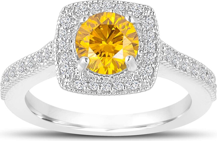 Etsy Handmade 1.29 Carat Fancy Yellow Diamond Ring 14K White Gold Halo Engagement Ring