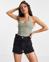 Thumbnail for your product : ASOS Petite ASOS DESIGN Petite square halterneck crop top in olive