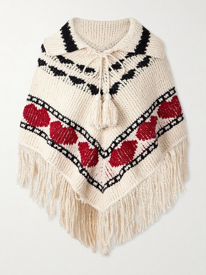 Alix of Bohemia Faune Fringed Jacquard-knit Cotton Poncho - Off-white