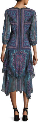 Nanette Lepore Janis V-Neck Paisley Chiffon Dress w/ Lace