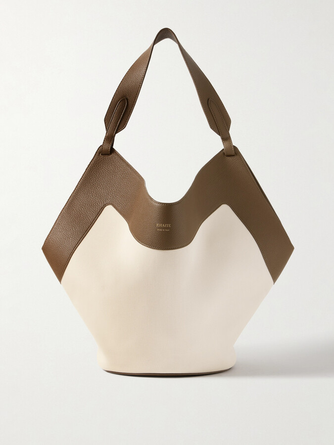 KHAITE Lotus Medium Leather-trimmed Canvas Tote - Cream