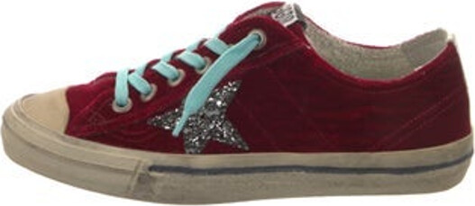 Golden Goose Velvet Low Top Sneakers Red Colorblock Pattern Rubber Trim Distressed & Glitter Accents Round-Toes Lace-Up Closure at Uppers Designer
