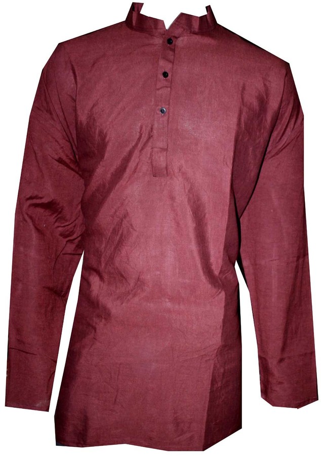 Lakkar Haveli Mens Indian Tunic Henley Shirt Kurta Solid Brown Color 100% Cotton Plus Size
