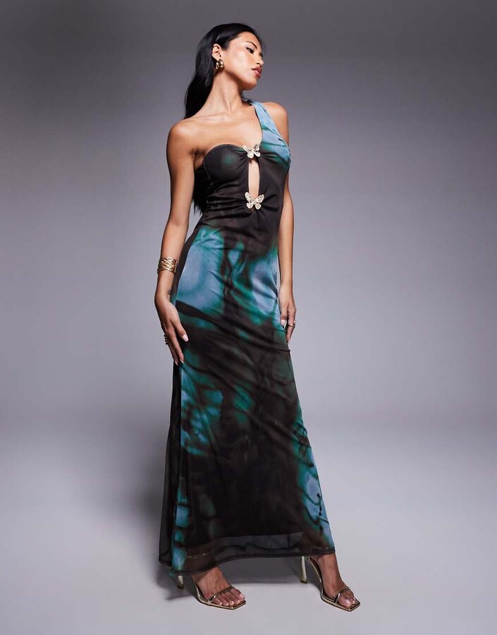 ASOS DESIGN mesh asymmetric one-shoulder midi dress with butterfly trims in abstract print