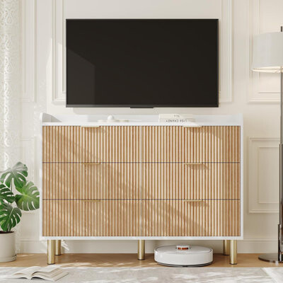 Dresser for Bedroom, 47.2" Fluted Wood Double Dresser with Metal Handles Curved Design Wide Storage Organizer Cabinet, Wood Storage Double for Bedroom